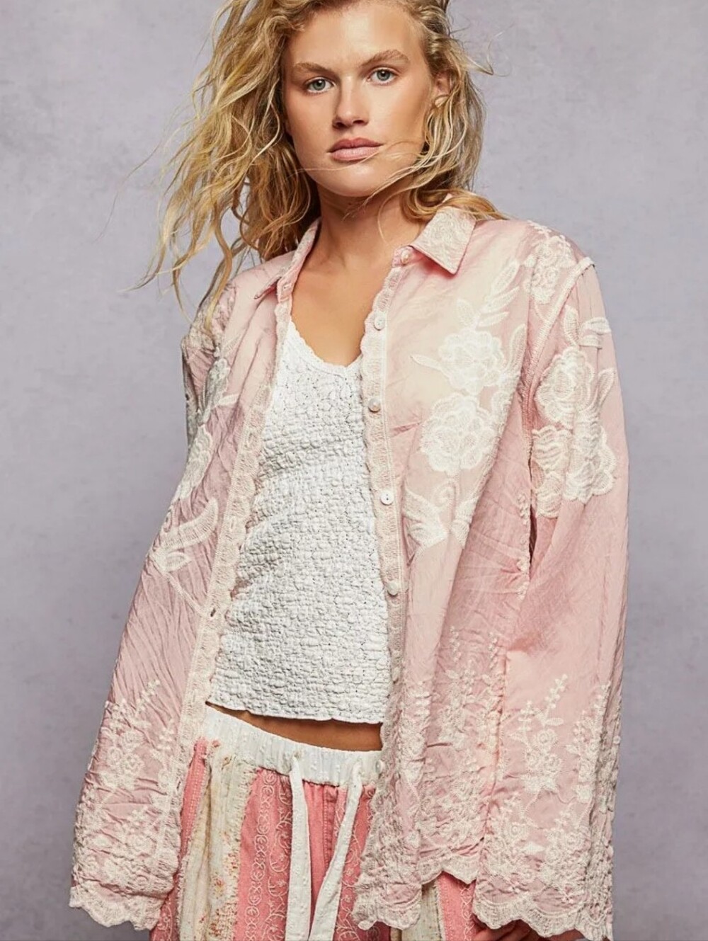 POL Light Pink Embroidered Button-Up Shirt